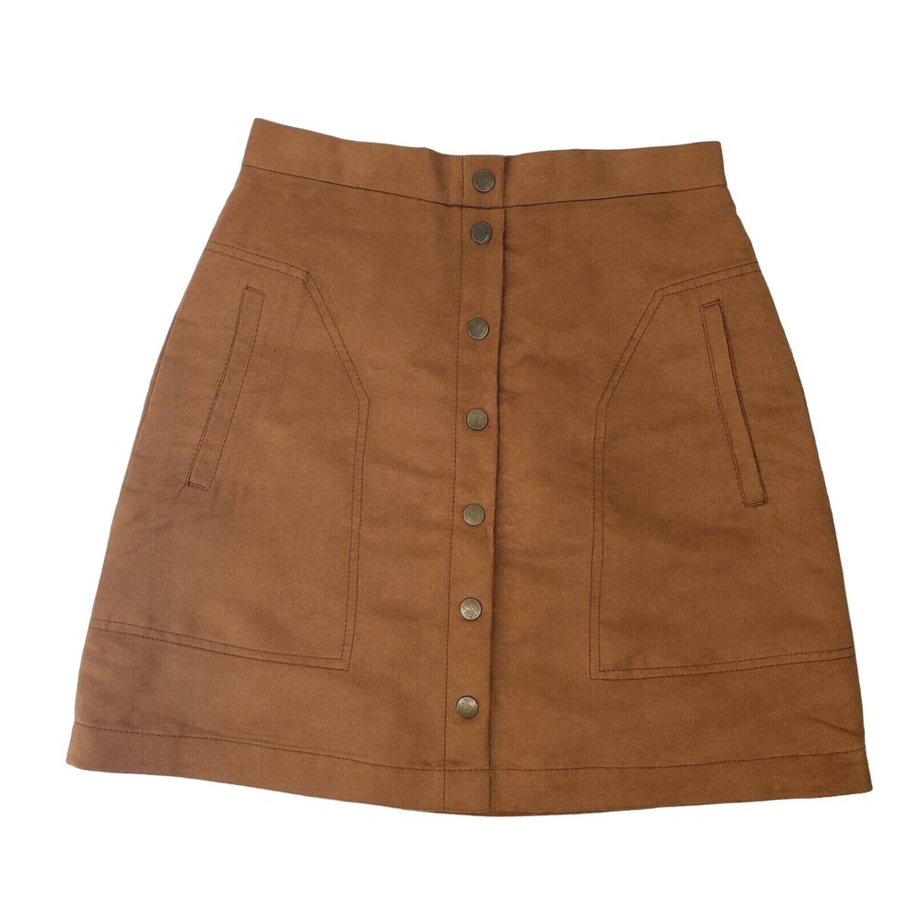 H&M Mini Skirt Woman Size 6 Cognac Suede Faux Snaps Pockets A Line Lined